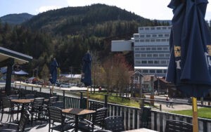 Britannia Village Patio Patio facing toward a large mine building