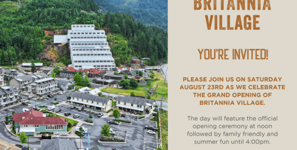 The invitation card for the Britannia Village grand opening event includes the event details and aerial photo of the village.