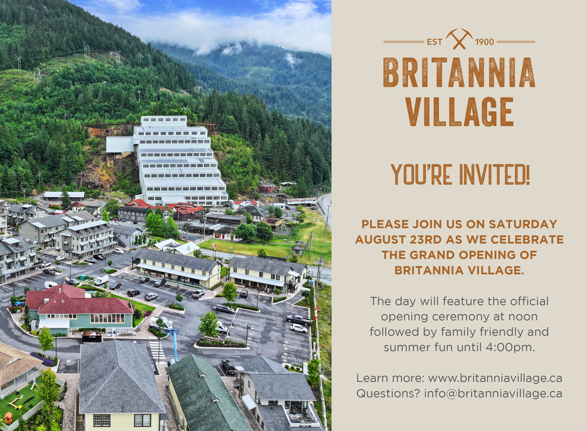The invitation card for the Britannia Village grand opening event includes the event details and aerial photo of the village.