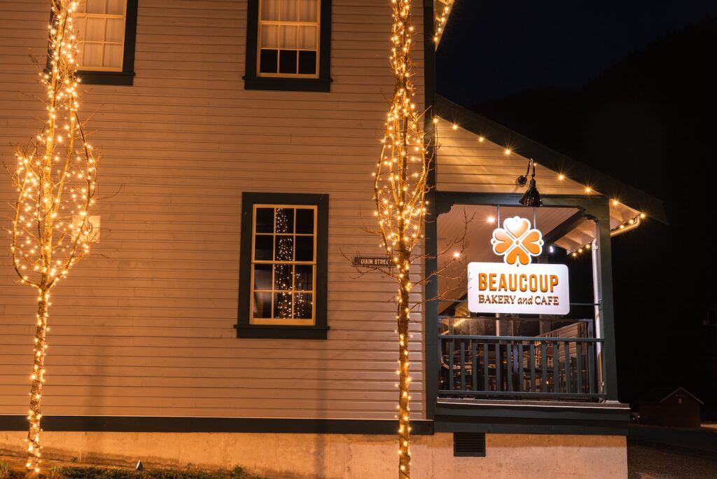 A building lit at night