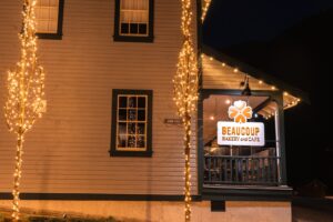A building lit at night 
