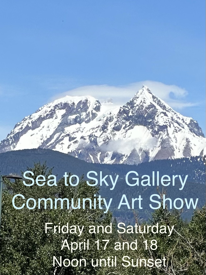 Mountain photograph of snowy peaks with text offering details of the Community Art Show